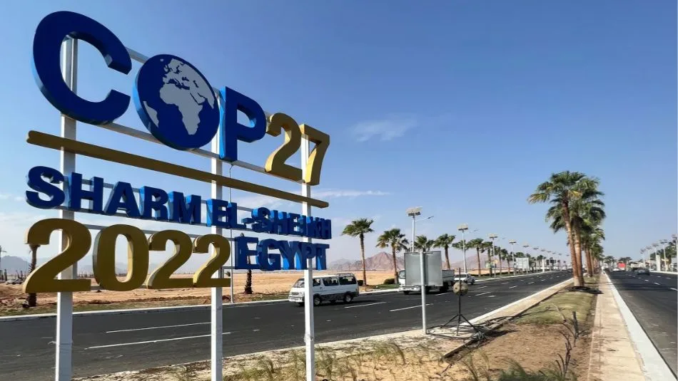 COP27 Sharm El-Sheikh Egypt 2022 sign on the avenue leading to the venue.